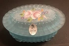Fenton Blue Oval Dresser Trinket Box with Painted Flowers