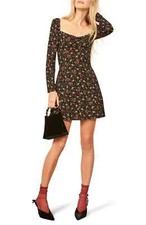 REFORMATION Black Floral Print SYDNEY Sweetheart Fit Flare Skirt Mini Dress 0 XS