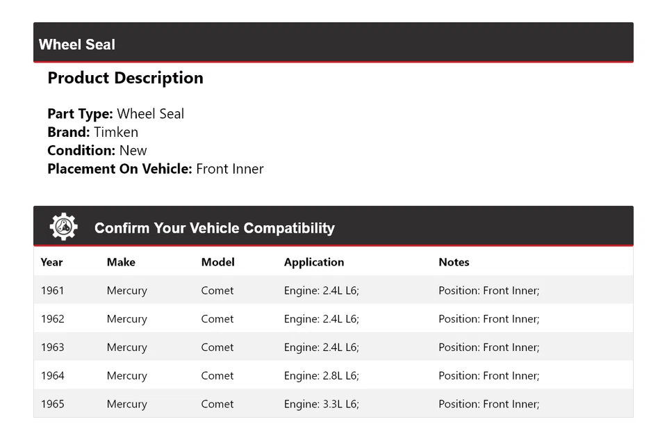 Sello de rueda interior delantero para Mercury Comet 1961-1965 Timken 1962 1963 1964 Foto 2 de 4