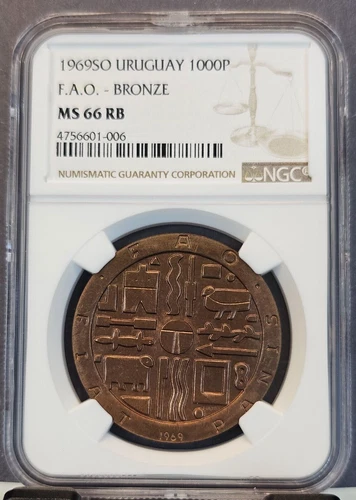 1969 URUGUAY BRONZE 1000 PESOS 1000P FAO NGC MS 66 RB RARE GEM BU TOP POP