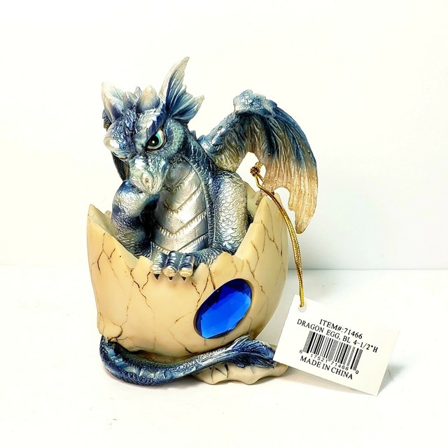 Baby Dragon Emerging Out Of Egg Resin Figurine Blue Gem 4.5" Mystical
