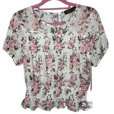 New! Almost Famous White Floral Print Gossy Short Sleeve Blouse Top Sz Small