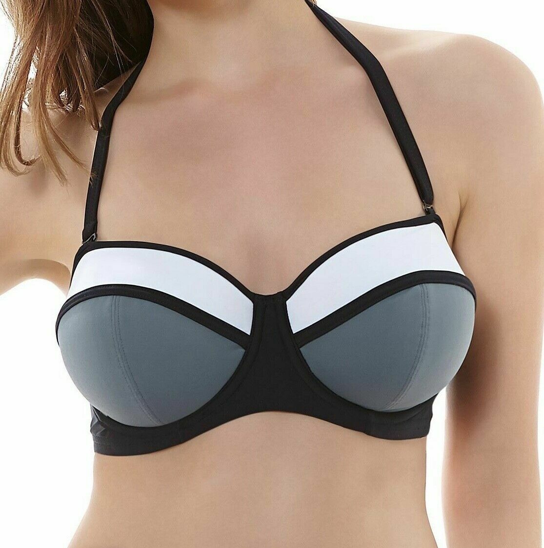 Freya Bondi Bikini Top Black Grey Size 34D Underwired Padded Bandeau Bra 3963