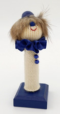 Clown Finger Puppet Figurine On Wooden Stand Knit Fur Hair Germany Vintage