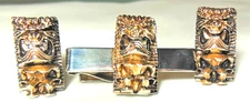 🍍🌴VTG. Hawaiian souvenir gold tone Tiki God tie clip& cufflinks