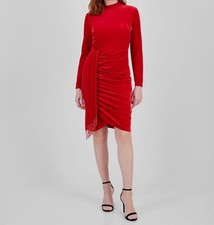 Tahari ASL Women Red Velvet Beaded Sash Mock-Neck Long-Sleeve Dress Size 16