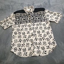 Vtg Touche LA Polynesian All Over Sz Medium Thin Button Blouse Shoulder Pads USA