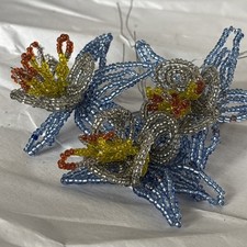 3 Unique Handmade Vintage Glass French Seed Beaded Wired Flowers Floral