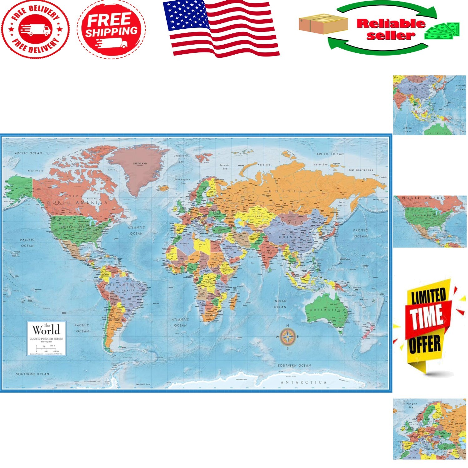 【Mappin&Webb】 マッピンアンドウェッブ コンポート 27cm Portable 8x10 Folded World Map - Unfold to 24x36 inches for