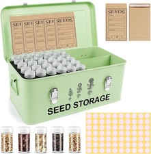 60 Slots Seed Storage Organizer - Metal Box with Lid, 20 Envelopes, 20 Labels