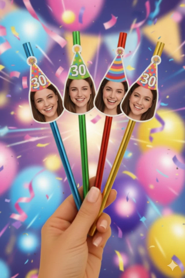 LUMOUS Personalized Photo Face Straws, Custom Birthday Party Disposable Drinking Straws