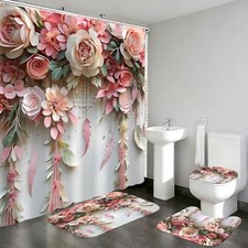 Flower Bathroom Shower Curtain Set, Romantic and Cute Rose Floral Pink