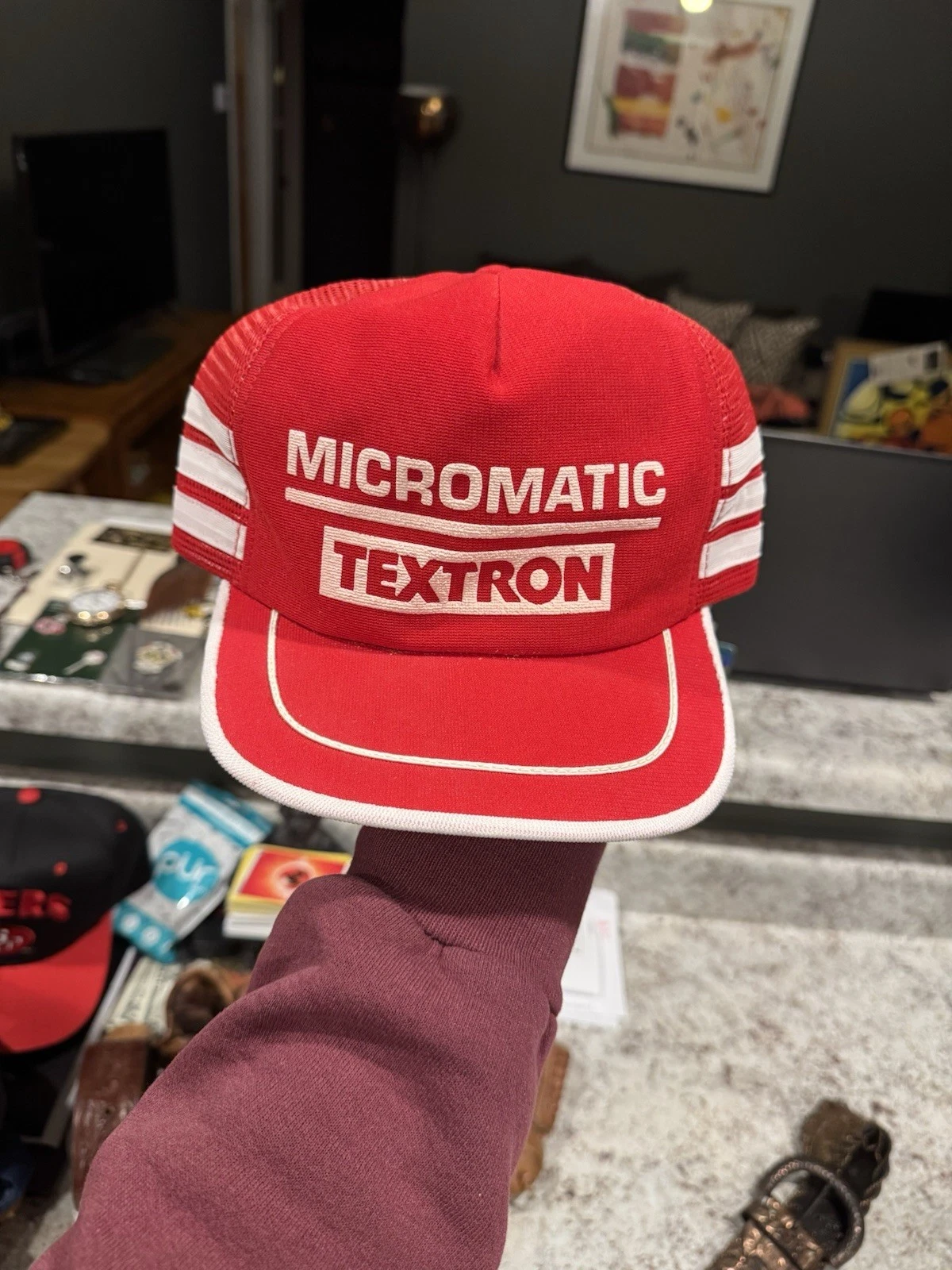 Vintage 80s Micromatic Textron 3 Stripe Mesh SnapBack Trucker Hat Cap USA 1980s