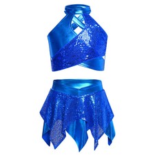 Teen Sequins Ballet Dance Costume Mock Neck Shiny Metallic Crop Top Asymmetric