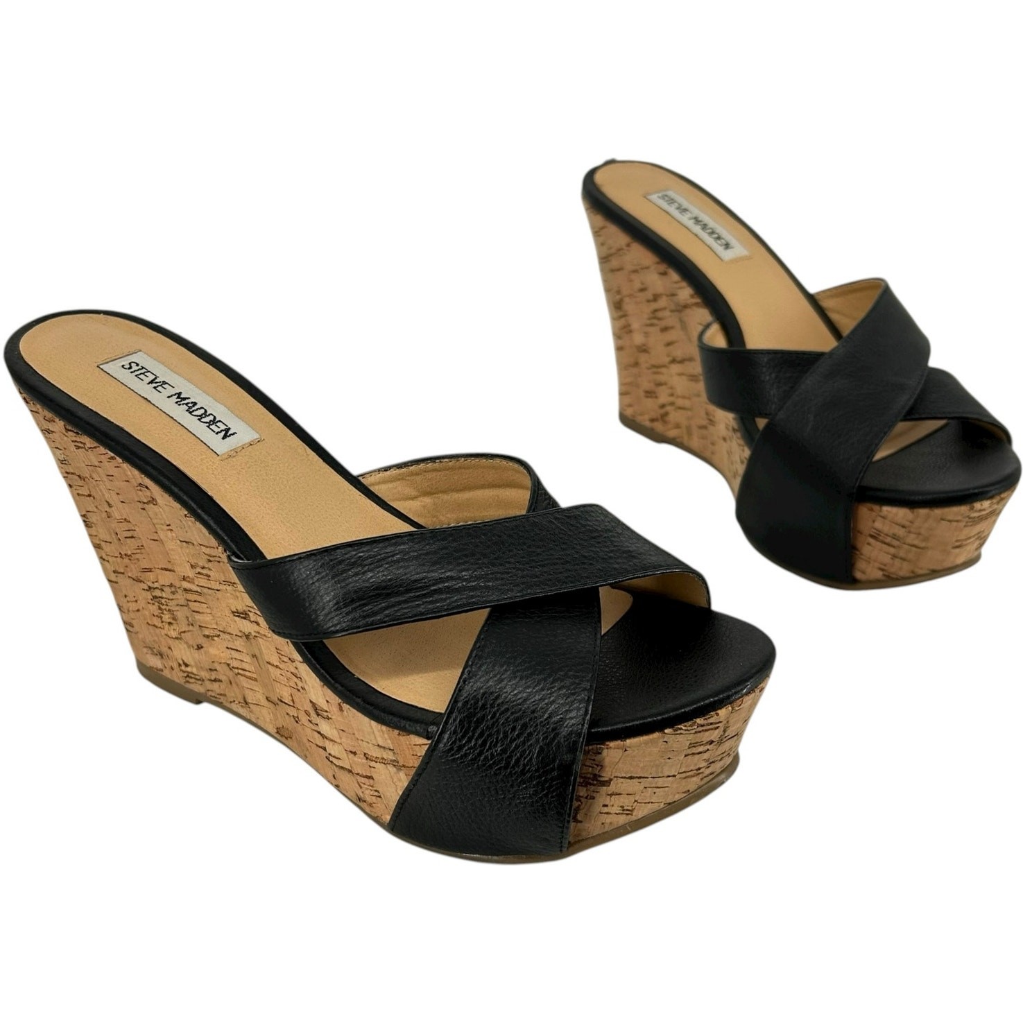 VTG y2k Womens Black Leather Steve Madden P-Britt Strappy Cork Wedge Sandal 6.5M