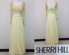 Sherri Hill Beaded 2 Piece Women's 4 Yellow Long Sleeve Top + Maxi Skirt #J3439