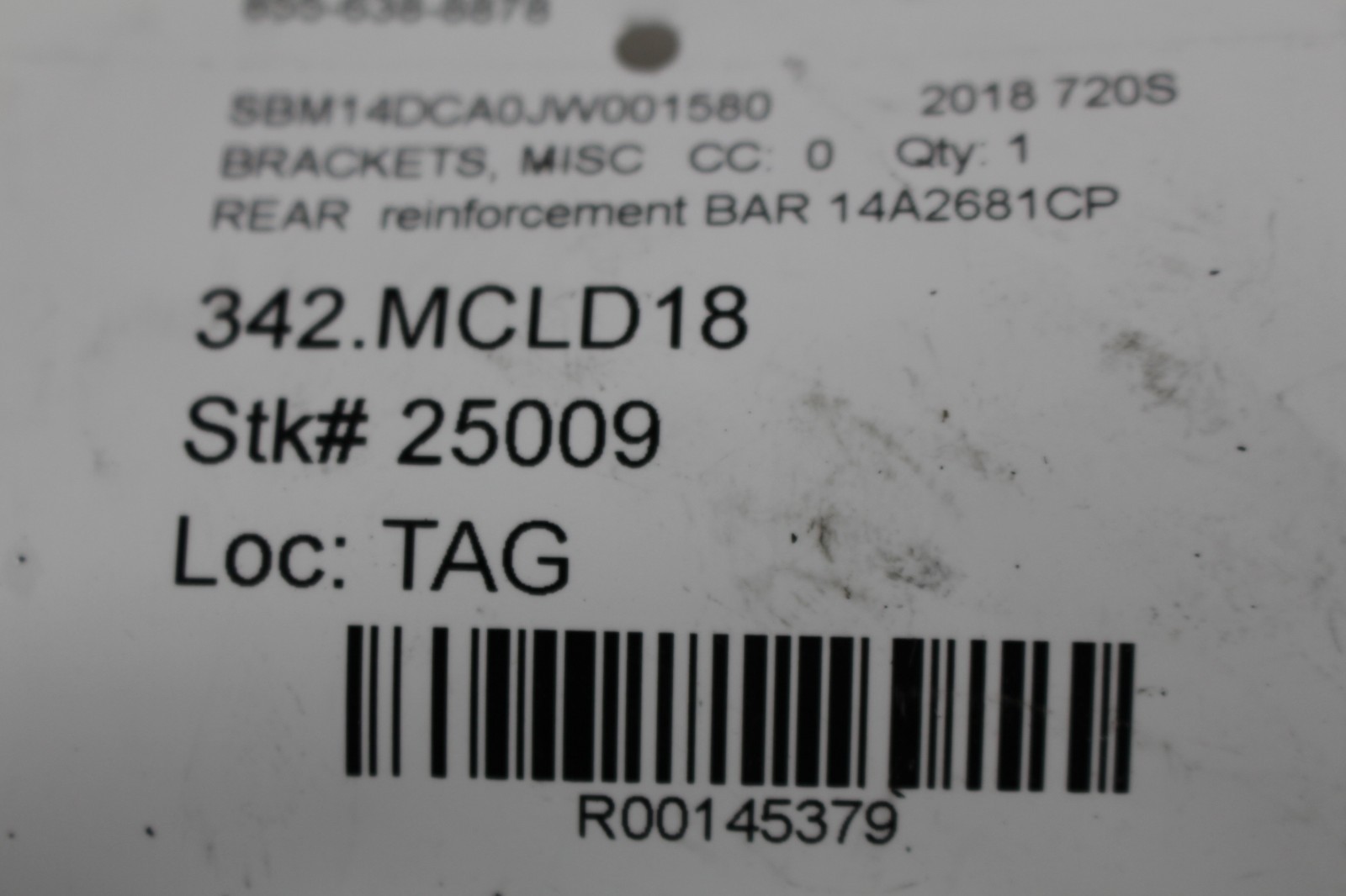 McLaren 720S, Rear Bumper Bracket, Used, P/N 14A2681CP