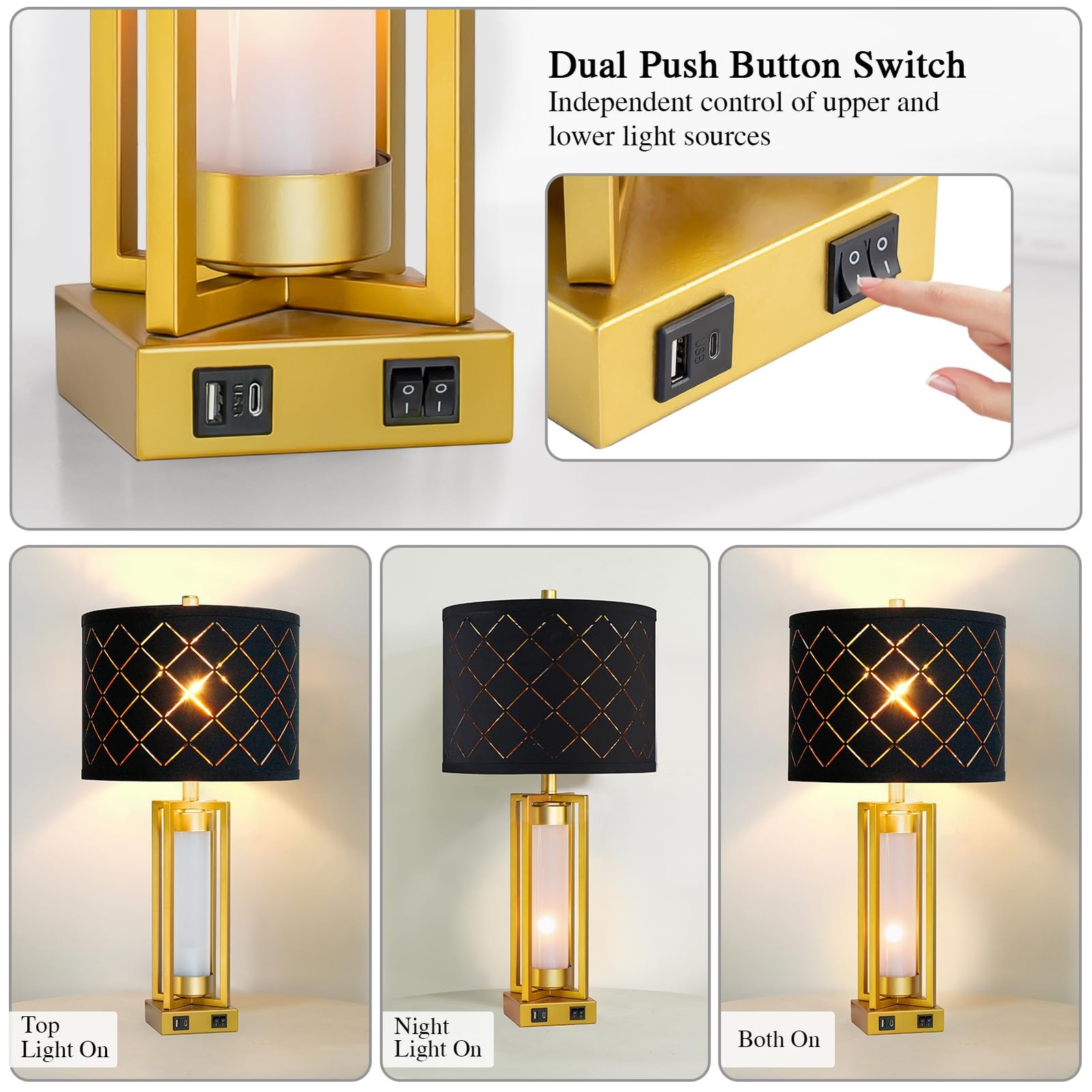 Set of 2 Modern Table Lamps for Living Room Bedroom with USB +A, Rustic Night...