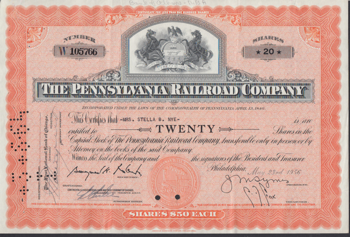 1956 Pennsylvania Railroad 20-Share Vintage Stock Certificate
