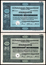 1940 IG Farben (of Zyklon B infamy) 2 Piece WWII Common Stock Certificate Set F+