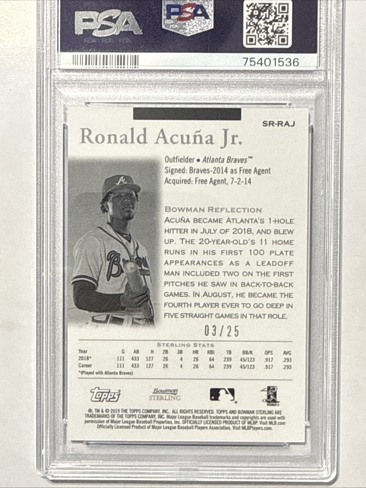 RONALD ACUNA JR. 2019 Bowman Sterling - Sterling Retrospect Blue /25 PSA 9 MINT view 3