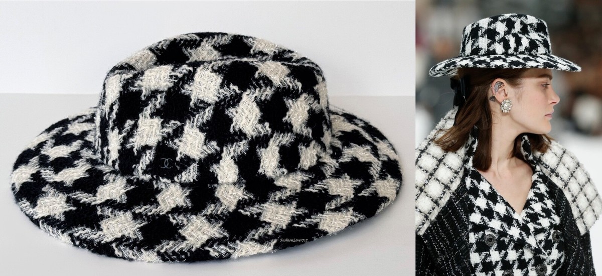 NEW 19K CHANEL BLACK ECRU WOOL TWEED HOUNDSTOOTH RUNWAY BOATER HAT