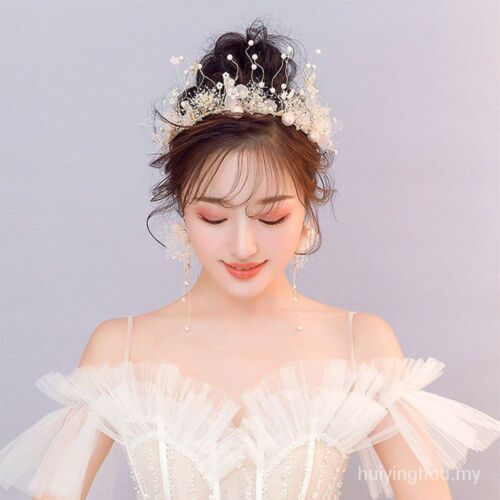 Earrings Set Bridal Headband Tiara Rhinestone Headwear Flower Wedding Headdress - 第 1/14 張圖片