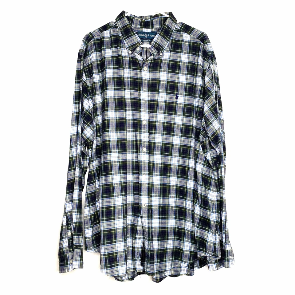 Ralph Lauren Men's Custom Fit Plaid Dress Shirt Size L Blue White Green Cotton