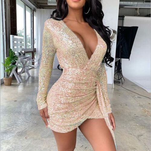 Long Sleeved Bodycon Dress Above Knee V Neck Dress Fashion Sequin Dress  Club - Picture 1 of 15