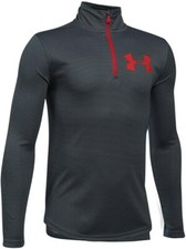 Image of Boys Under Armour Textured 1/4 Zip Long Sleeve Top, Grey/Red, NEW