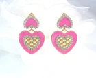 GOLD TONE PINK ENAMEL HEART DROP EARRINGS WITH  DIAMANTE FACETED CRYSTAL