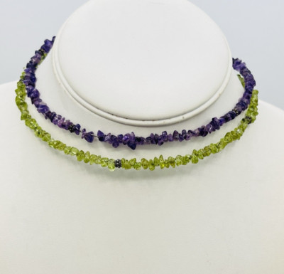 Two dP 925 India Sterling Silver Memory Wire Choker Necklaces Peridot Amethyst