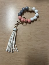 Coral, Grey  White Wooden Beaded Wristlet Keychain With Tassel