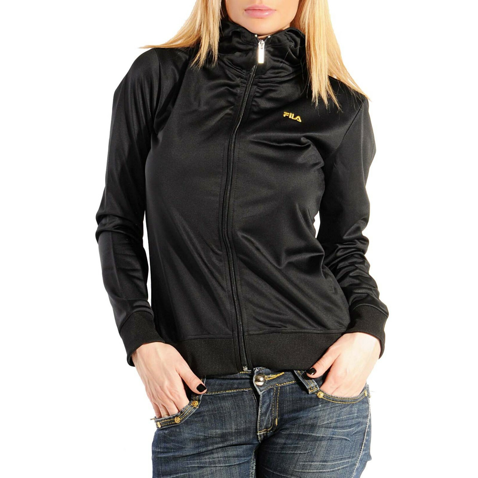 Felpa donna Fila con cappuccio zip passante retrò track top giacca con cappuccio nuova nera