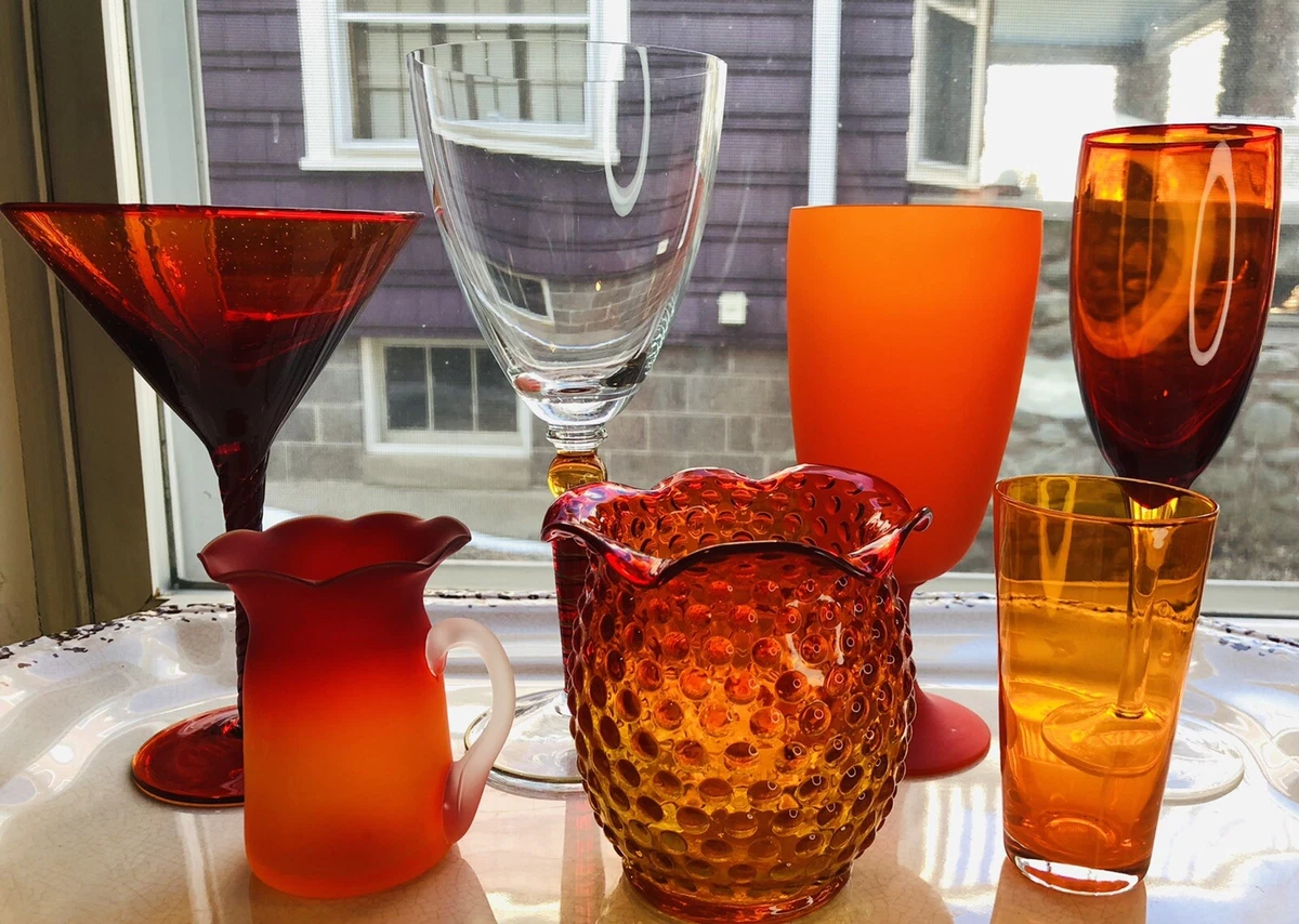 Pair of Tall Red Martini Glasses/red Bowl Clear Stem Cocktail Glasses 