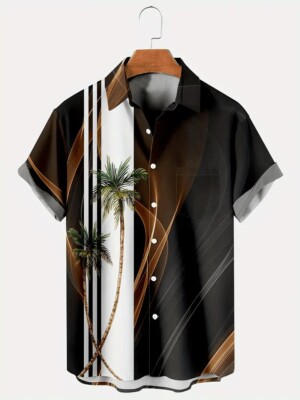Plus Size Coconut Trees Print Hawaiian Shirt Button Up Big Tall Shirt 