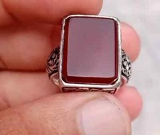 Natural Red Aqeeq Ring Handmade 925 Sterling Silver Square Cut Agate Mens Ring