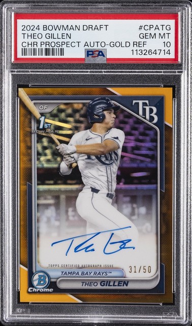 2024 BOWMAN DRAFT CHROME PROSPECT AUTOS GOLD REFRACTOR THEO GILLEN 31/50 PSA 10