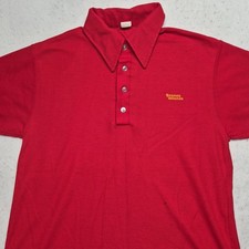 VTG 70s Beanee Weenee Employee Worker Polo Shirt Red Gold Logo Sz L USA Merch