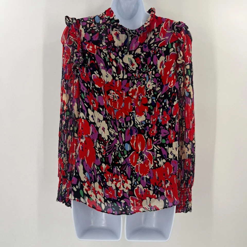 Blusa J.Crew Holiday Shimmer S Floral Metálica Volantes Cuello Puño Calado Fiesta Foto 2 de 4