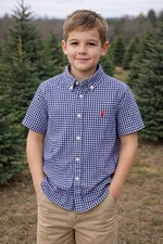 Polo Ralph Lauren Boys Blue Gingham Short Sleeve Button Down Shirt Sz 7 Red Pony