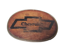VTG 1970s Chevy Chevrolet Wood Grain Belt Buckle Bowtie LOGO Lower Case