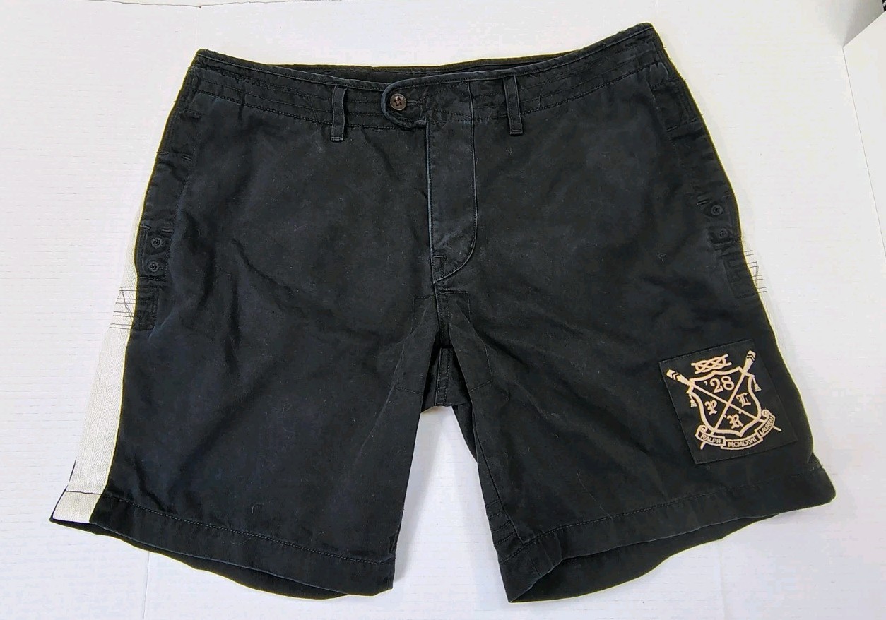 FILA Polo Ralph Lauren Canottaggio Club Pantaloncini Uomo 38 Nero Tela RLRC Patch Preppy 8"