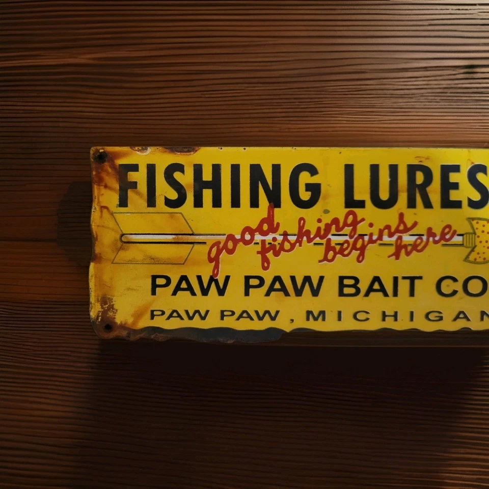 Letrero de porcelana vintage Paw Paw Bait señuelos de cebo de pesca lubina Michigan gasóleo Foto 4 de 4