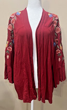 Women Red Embroidered Floral Open Kimono Cardigan M/L Boho Festival Western