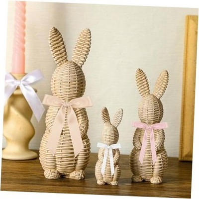 3 Pcs Rattan Effect Resin Easter Bunny Figurines Decor Wicker Easter Bunny 