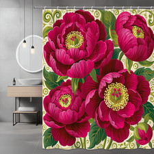 Pink Floral Shower Curtain, Large Bloom Print, Green Leaves Decor