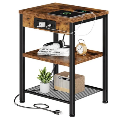 15.7'' Small Side Table End Table Outlets&Usb Ports 3-Tier  Adjustable Storage
