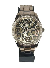 Accutime Women's 41mm Rose Tone Leopard Print Dial Gem Bezel Watch New Battery!