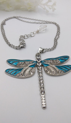 Dragonfly necklace 17'' Silver Teal Adjustable  Rhinestone Handmade Birthday New 